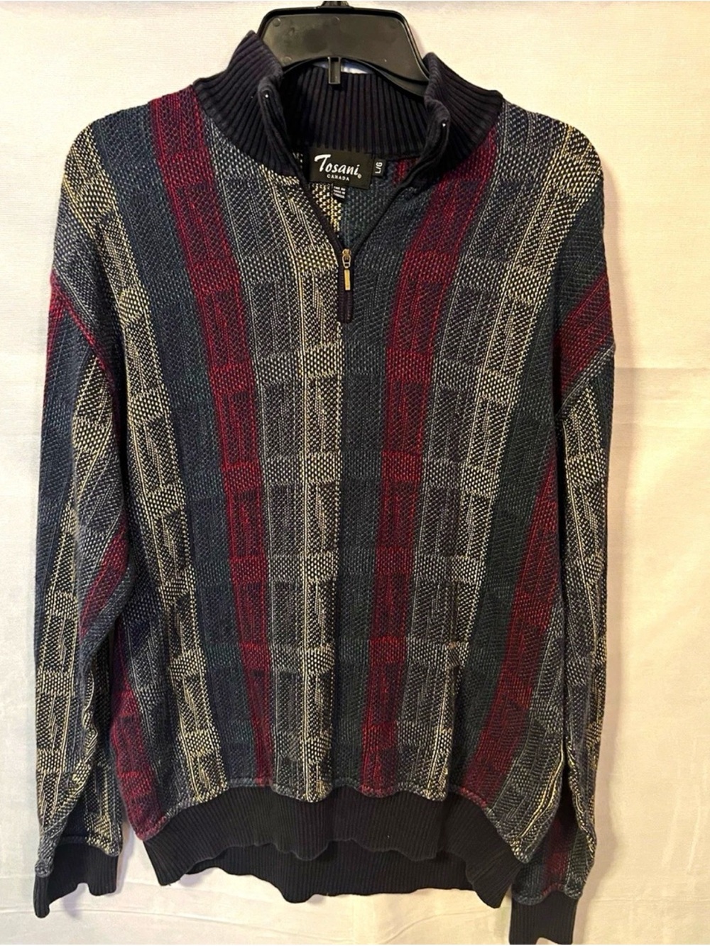 Tosani Men's Zip-Up Striped Knit Sweater - Navy, Burgundy, Cream
